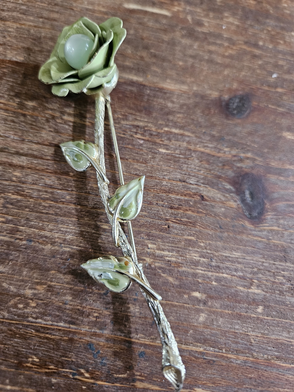 VINTAGE Green ENAMEL and Goldtone Rose Stem Brooch - Women Jewelry